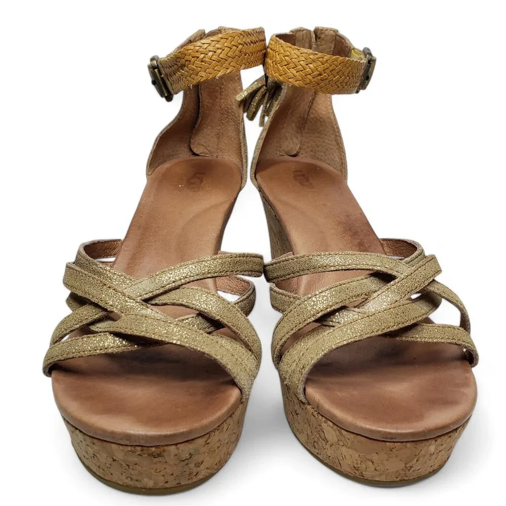 Ugg Lillie Platform Wedge Women's Metallic Gold Woven Strap Braided Ankle 9.5